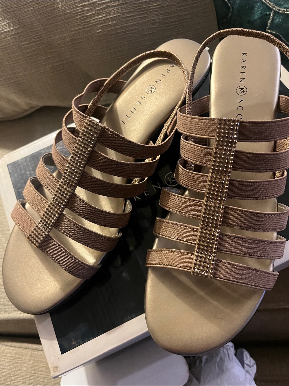Karen Scott Mocha Estevee Strappy Rhinestone Slide Mules NIB